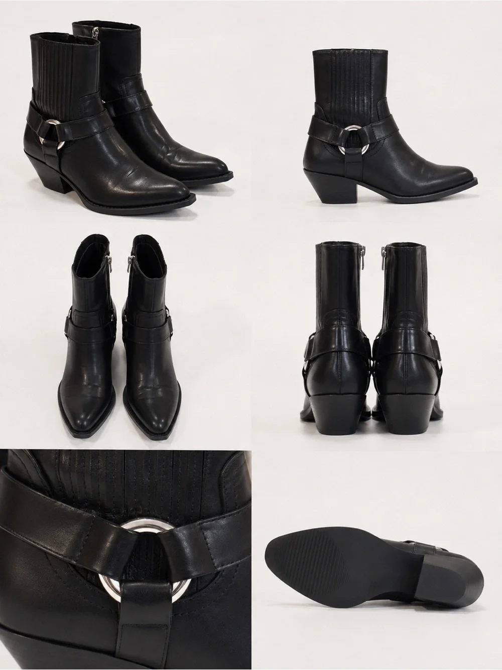 Zara Black Leather Ankle Boots with Silver Ring Detail